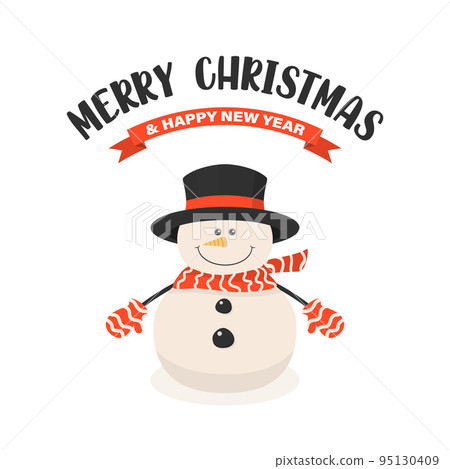 Vector Cute and Funny Christmas Snowman with Black Hat, Striped Scarf and Mittens. Cartoon Christmas Design Template for New Year 2023 Card, Christmas Poster, Sticker, T-shirt Print, Kids Design Vector Cute and Funny Christmas Snowman with Black Hat, Striped Scarf and Mittens. Cartoon Christmas Design Template for New Year 2023 Card, Christmas Poster, Sticker, T-shirt Print, Kids Design 95130409
