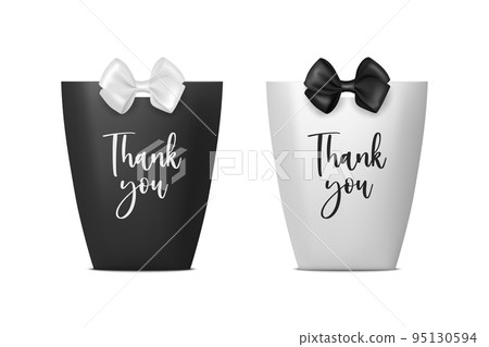 Thank You. Vector 3d Realistic Black and White Paper Gift Bag, Box for Birthday or Party with Gift Bow, Ribbon. Carry Bag for Present Icon Set Isolated on White Background Thank You. Vector 3d Realistic Black and White Paper Gift Bag, Box for Birthday or Party with Gift Bow, Ribbon. Carry Bag for Present Icon Set Isolated on White Background 95130594