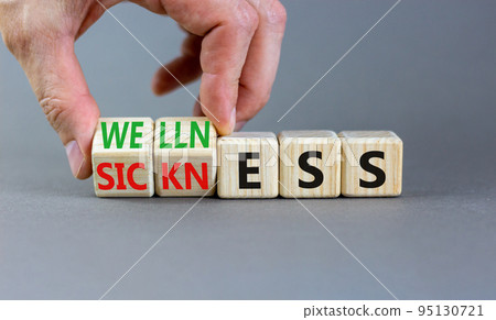 Sickness or wellness symbol. Concept words Sickness or Wellness on wooden cubes. Businessman hand. Beautiful grey table grey background. Business sickness or wellness concept. Copy space. Sickness or wellness symbol. Concept words Sickness or Wellness on wooden cubes. Businessman hand. Beautiful grey table grey background. Business sickness or wellness concept. Copy space. 95130721