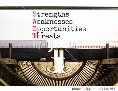 SWOT strengths weaknesses opportunities symbol. Concept words SWOT strengths weaknesses opportunities typed on beautiful old retro typewriter. Business SWOT strengths weaknesses opportunities concept. SWOT strengths weaknesses opportunities symbol. Concept words SWOT strengths weaknesses opportunities typed on beautiful old retro typewriter. Business SWOT strengths weaknesses opportunities concept. 95130761
