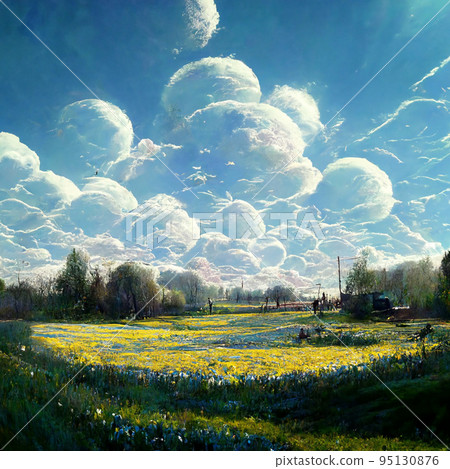 Rural landscape with green agriculture fields, path and bushes with flowers. 95130876