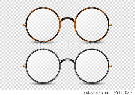 Vector 3d Realistic Leopard, Black Round Frame Glasses Set with Clear Colorless Transparent Glass Isolated, Eyeglasses for Women and Men, Accessory. Optics, Lens, Vintage, Trendy Glasses. Front View 95131089