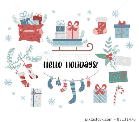 hello holiday. Set new year gifts, Christmas sock and sleigh with boxes, Santas bag, gift tag with spruce branch, caramel and knitted stockings with gloves. Vector illustration. Isolated elements. 95131476
