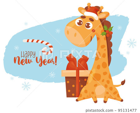 Christmas card with cute giraffe with gift box and inscription Happy New Year. Vector illustration. Template for design of your holiday cards, printing and decor, kids collection. 95131477