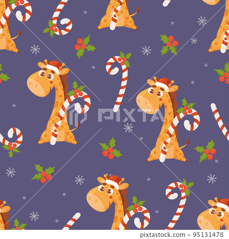 Christmas seamless pattern. Cute animal giraffe with caramel candy on purple background with holi and snowflakes. Vector funny New Years ornament for decor, design, print, wallpaper, kids collection Christmas seamless pattern. Cute animal giraffe with caramel candy on purple background with holi and snowflakes. Vector funny New Years ornament for decor, design, print, wallpaper, kids collection 95131478