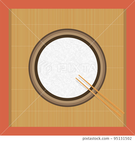 Raw faceted rice grains with sticks icon on bamboo carpet background. Asian seeds cooking illustration. Cute cartoon food Raw faceted rice grains with sticks icon on bamboo carpet background. Asian seeds cooking illustration. Cute cartoon food 95131502