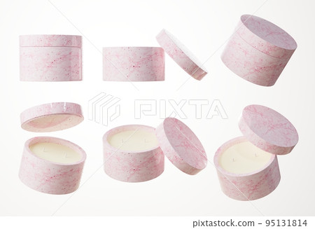 Set of six different angles of marble container candle with two cotton wicks in white concrete jar with lid 3D render, commercial product mock-up Set of six different angles of marble container candle with two cotton wicks in white concrete jar with lid 3D render, commercial product mock-up 95131814