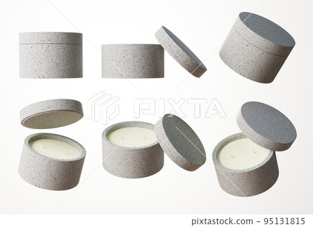 Set of six different angles of concrete container candle with two cotton wicks in white concrete jar with lid 3D render, commercial product mock-up Set of six different angles of concrete container candle with two cotton wicks in white concrete jar with lid 3D render, commercial product mock-up 95131815
