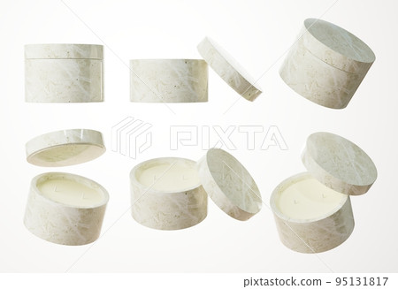 Set of six different angles of marble container candle with two cotton wicks in white concrete jar with lid 3D render, commercial product mock-up Set of six different angles of marble container candle with two cotton wicks in white concrete jar with lid 3D render, commercial product mock-up 95131817