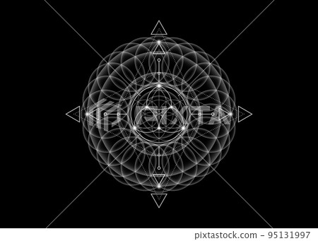 Sacred Geometry, Flower of Life, lotus flower mandala. White Neon vintage logo Symbol of Harmony and Balance, Glowing Geometrical Ornament, yoga relax, vector isolated on black background  95131997