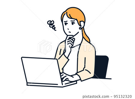 一個穿著西裝的女人在電腦前擔心的矢量圖解材料 95132320