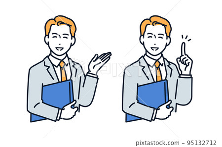 一個穿著西裝的男人微笑著引導的矢量圖解材料 95132712