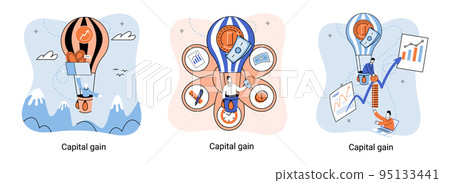 Capital gain metaphor, net income, monetary profit, growing graph up. Economic growth, income from investment 95133441