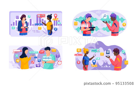 Voice assistant. Smart speaker virtual assistant, sound robot, people using voice controlled smart speaker 95133508