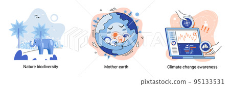 Change climate awareness, saving planet, Mother Earth day, nature biodiversity illustrations set metaphor Change climate awareness, saving planet, Mother Earth day, nature biodiversity illustrations set metaphor 95133531