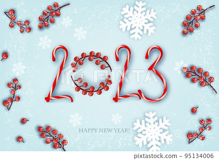 Merry Christmas and Happy New Year background with a 2023, red berries, candy cane and snowflakes. Vector. Merry Christmas and Happy New Year background with a 2023, red berries, candy cane and snowflakes. Vector. 95134006