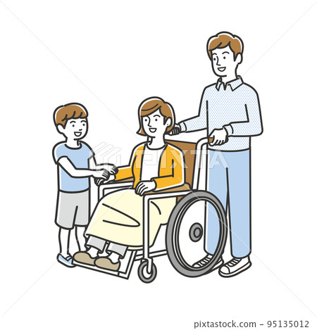 Husband and child helping wife in wheelchair 95135012