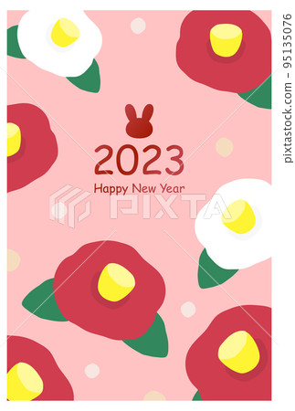 New Year's card template with camellia pattern with pink background New Year's card template with camellia pattern with pink background 95135076