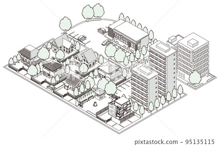 Three-dimensional view of the townscape. Cityscape. Line drawing illustration. 95135115