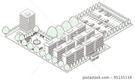 城市景觀的三維視圖 城市景觀 線描插圖。 城市景觀的三維視圖 城市景觀 線描插圖。 95135116