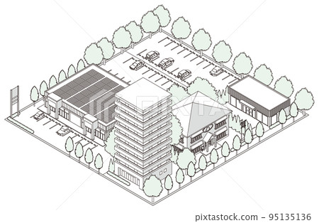 城市景觀的三維視圖 城市景觀 線描插圖。 95135136