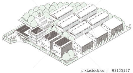 城市景觀的三維視圖 城市景觀 線描插圖。 95135137