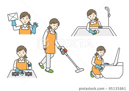 Illustration set of a housewife cleaning Illustration set of a housewife cleaning 95135861