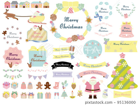 Christmas cute frame and illustration and ribbon set pastel color 95136000