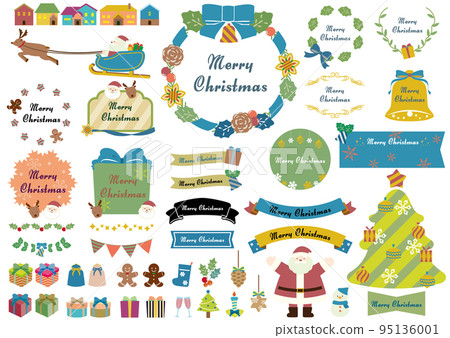 Christmas cute frame and illustration and ribbon set blue ribbon Christmas cute frame and illustration and ribbon set blue ribbon 95136001