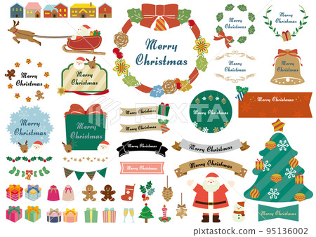 Christmas cute frame and illustration and ribbon set red ribbon 95136002