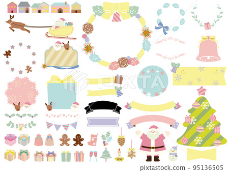 Set of cute Christmas frames and illustrations and ribbons, pastel colors, no text Set of cute Christmas frames and illustrations and ribbons, pastel colors, no text 95136505