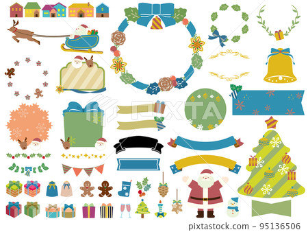 Set of cute Christmas frames, illustrations and ribbons, blue ribbon, no text Set of cute Christmas frames, illustrations and ribbons, blue ribbon, no text 95136506