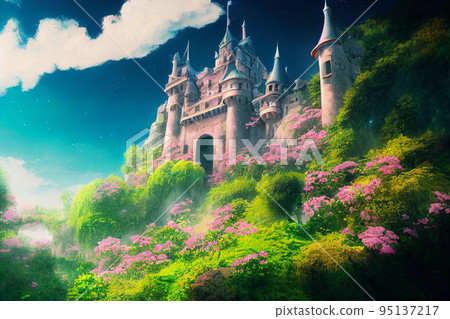 castle fantasy flowers plants blue sky clouds garden spring castle fantasy flowers plants blue sky clouds garden spring 95137217