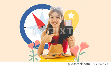 Portrait of young adult asian woman with travel luggage and passport airplane ticket in collage art 95137374
