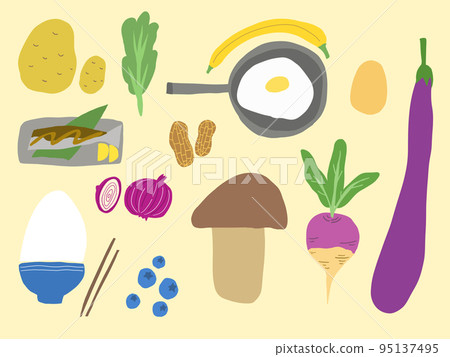 Illustration of ingredients of food with vegetables and japanese meal Illustration of ingredients of food with vegetables and japanese meal 95137495