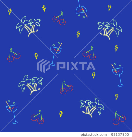 Illustration of neon palm tree cocktails and cherry 80s design element background Illustration of neon palm tree cocktails and cherry 80s design element background 95137500