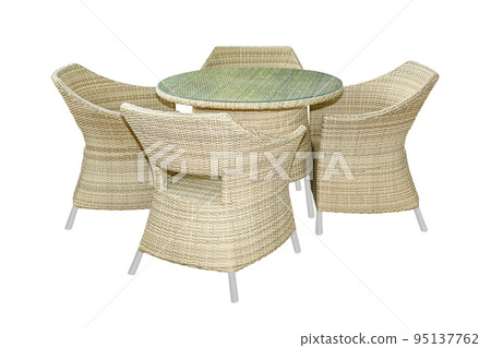 Rattan table set with glass on top isolated on white background 95137762