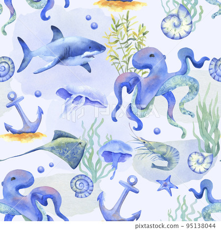 Watercolor anchor, octopus, shark and jellyfish. Seamless pattern on underwater theme. Ocean animals 95138044