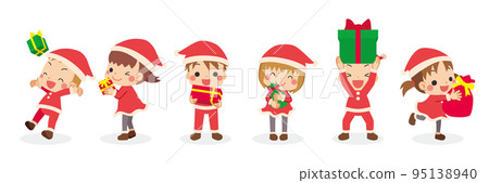 Illustration set of cute little children in Santa costumes having fun with presents White background Illustration set of cute little children in Santa costumes having fun with presents White background 95138940