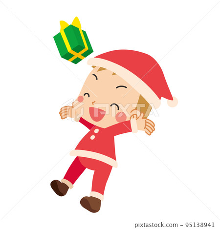 Illustration of a cute little boy in a Santa Claus costume happy tossing presents with both hands White background Illustration of a cute little boy in a Santa Claus costume happy tossing presents with both hands White background 95138941