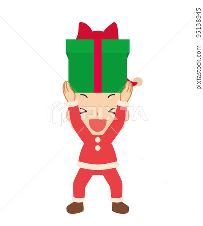Illustration of a cute little boy in a Santa Claus costume who is overjoyed when he lifts up a present White background Illustration of a cute little boy in a Santa Claus costume who is overjoyed when he lifts up a present White background 95138945