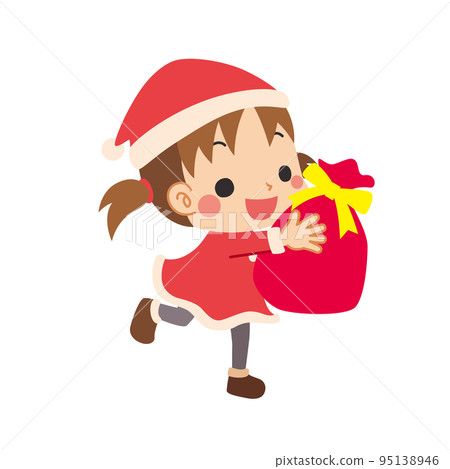 Illustration of a cute little girl wearing a Santa Claus costume running with a present White background Illustration of a cute little girl wearing a Santa Claus costume running with a present White background 95138946