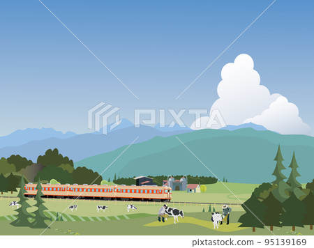 一輛火車穿過北海道的一個牧場 95139169