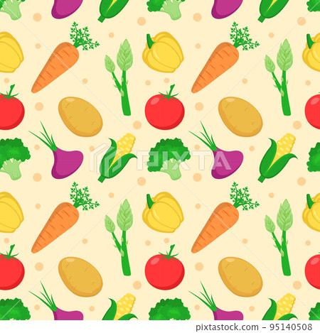 Vegetarian, Fruit and Vegetables Seamless Pattern Design with Fresh, Organic and Natural Food in Hand Drawn Flat Cartoon Background Illustration 95140508
