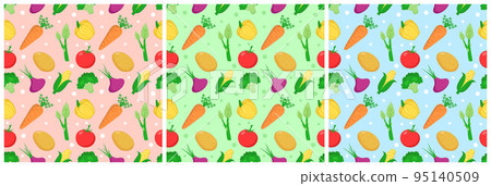 Set of Vegetarian, Fruit or Vegetables Seamless Pattern Design with Fresh, Organic and Natural Food in Hand Drawn Flat Cartoon Background Illustration Set of Vegetarian, Fruit or Vegetables Seamless Pattern Design with Fresh, Organic and Natural Food in Hand Drawn Flat Cartoon Background Illustration 95140509