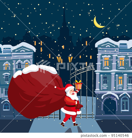 Santa Claus with big bag of gifts delivery gifts. Night winter city, european urban landscape, noel. Vector illustration poster, greeting card cartoon style Santa Claus with big bag of gifts delivery gifts. Night winter city, european urban landscape, noel. Vector illustration poster, greeting card cartoon style 95140546