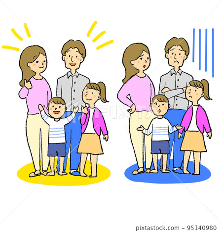 Illustration material for a family of four with a troubled expression and a smile Colorful full body image Illustration material for a family of four with a troubled expression and a smile Colorful full body image 95140980