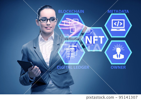 Businesswoman in NFT non fungible concept Businesswoman in NFT non fungible concept 95141307