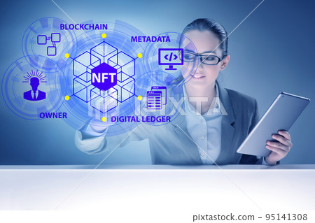 Businesswoman in NFT non fungible concept Businesswoman in NFT non fungible concept 95141308