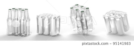 Tin cans and clear bottles in plastic wrap angle view, six soda or beer metal jars, mockup blank glass in transparent pack for storage and delivery alcohol drinks on white background 95141983